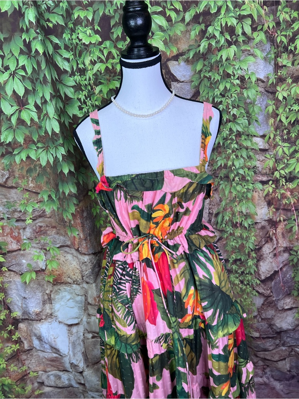 FARM RIO Pink Cocoa Forest Botanical Resortwear Tiered Maxi Dress, L - Picture 3 of 13